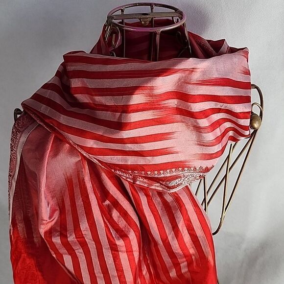 Vintage Silk Red Striped Paisle & Floral Scarf with Fringe - Picture 3 of 11